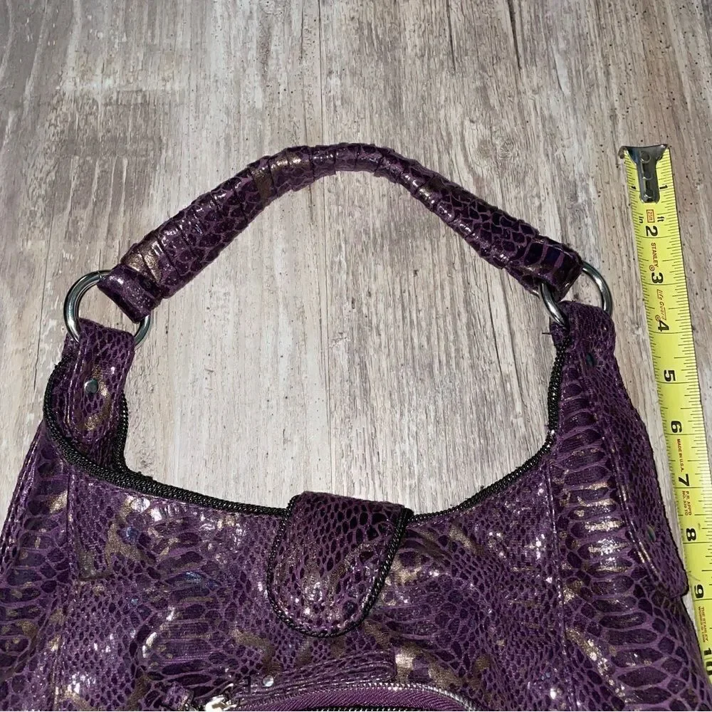 MARK bag by Avon snakeskin purple metallic pattern twisted short drop handle EUC